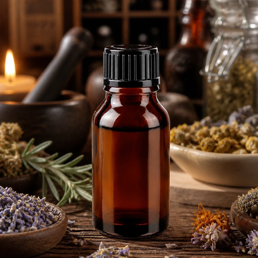 Lichtbestendige fles van 15 ml, bruin, met zwarte schroefdop, verkrijgbaar in een natuurgeneeskundige kruidenapotheek
