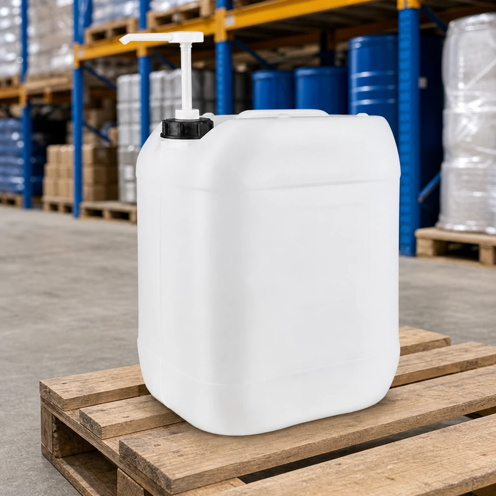 20l Jerrycan, UN-toelating, met doseerpomp Melkwitte platte jerrycan van 20 liter met een zwarte schroefdop en een witte pomp