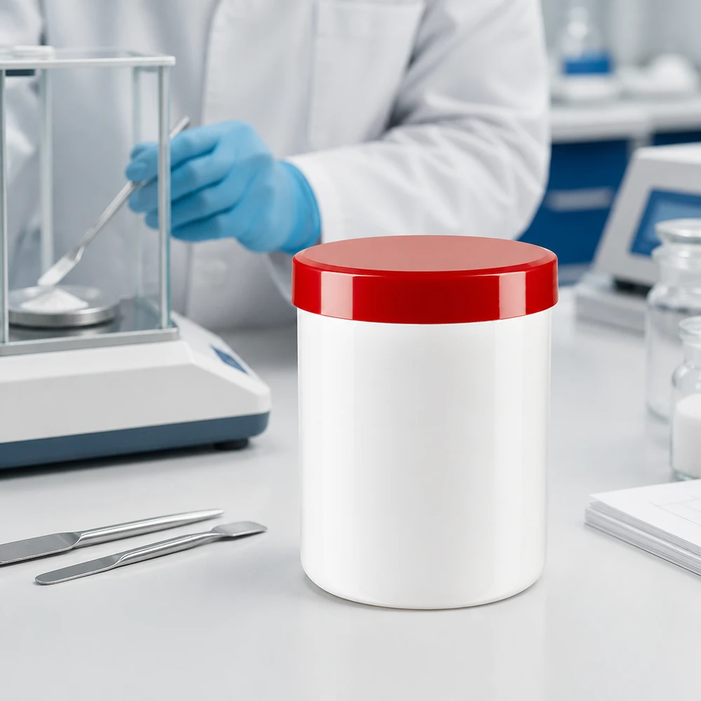 Een witte zalfpot van 100 g met een rode schroefdop, staande in een farmaceutisch laboratorium