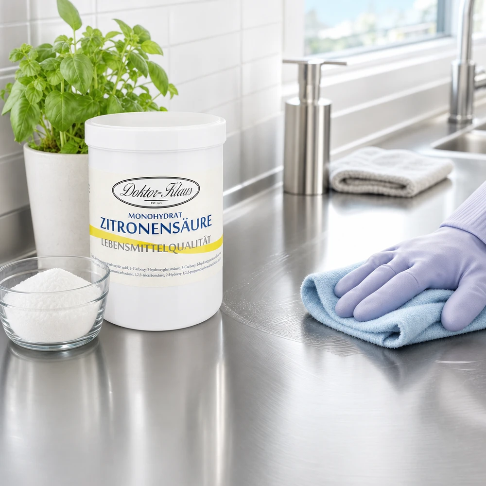 Doktor-Klaus citroenzuur 1000g schoonmaakmiddel op keukenblad met schoonmaakhandschoen