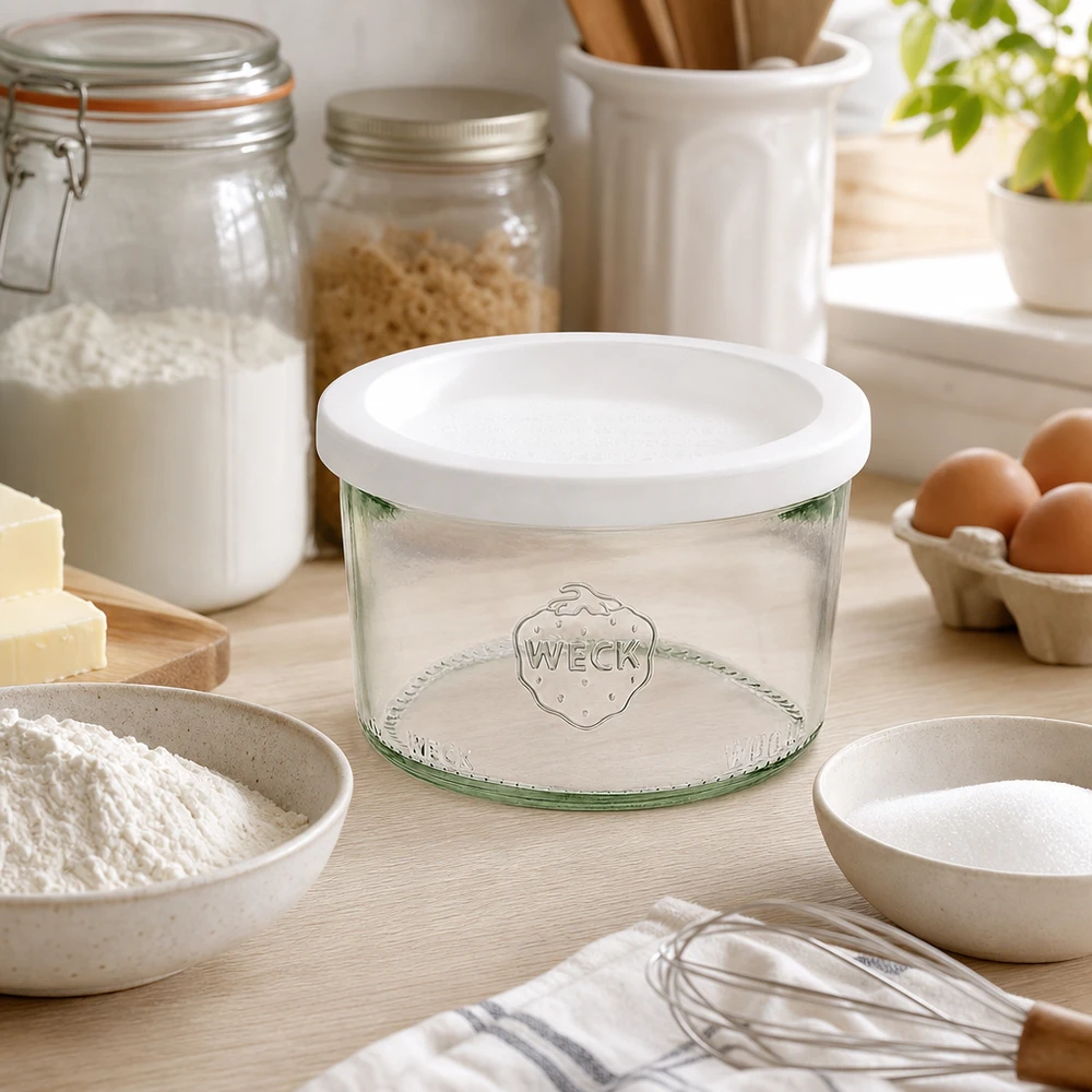 200ml stortglas met vershouddeksel WECK RR80 WECK Sturzglas 200ml RR80 in ästhetischer Küche mit Backzutaten Mehl Eiern und Vorratsgläsern zum Backen