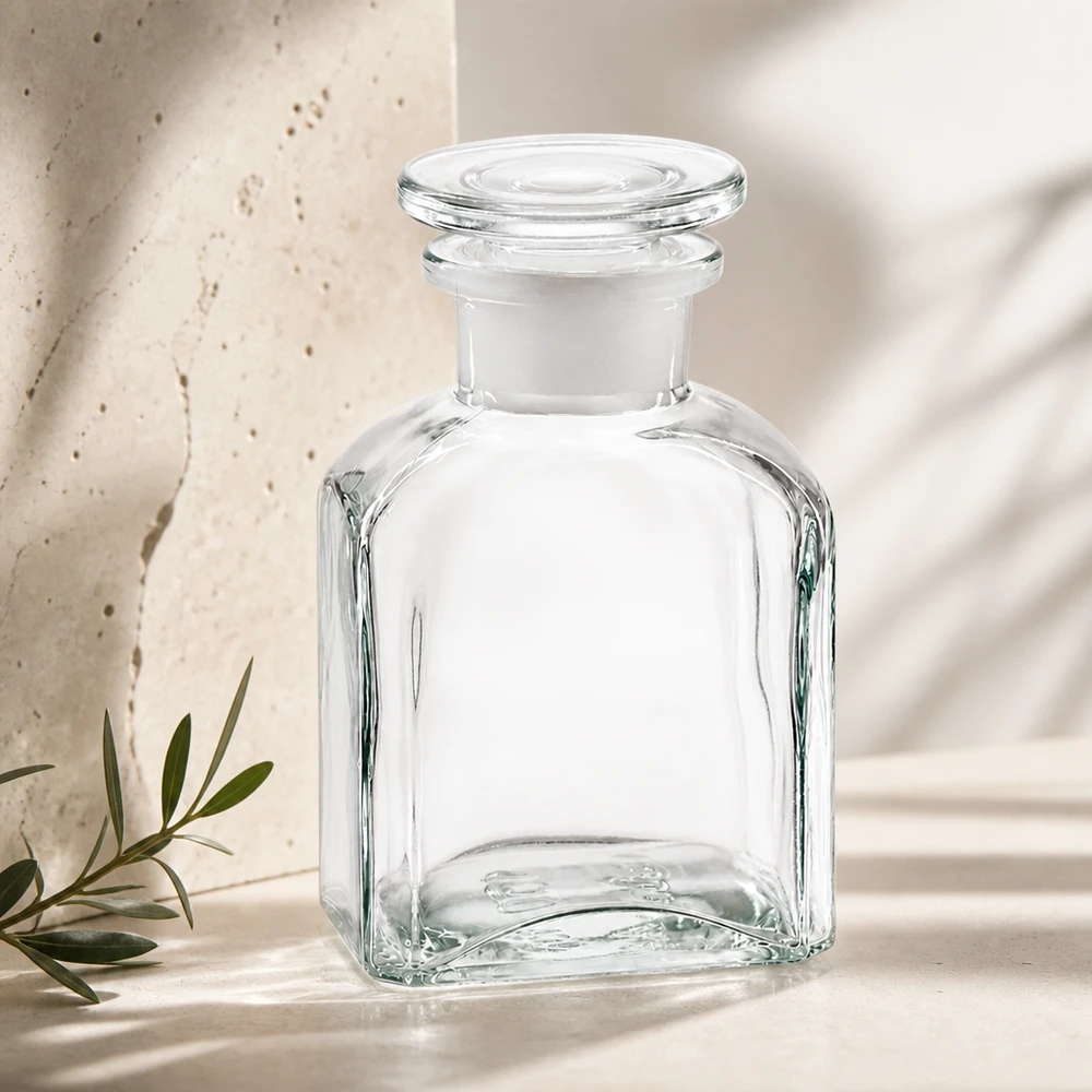 Hoogwaardige vierkante fles van helder glas, 150 ml, met brede hals en een doorzichtige glazen stop