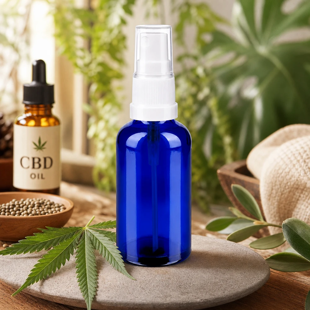 Apothekersfles 50ml in kobaltblauw met nauwkeurig verstuivingssysteem voor het gedoseerd aanbrengen van oliën
