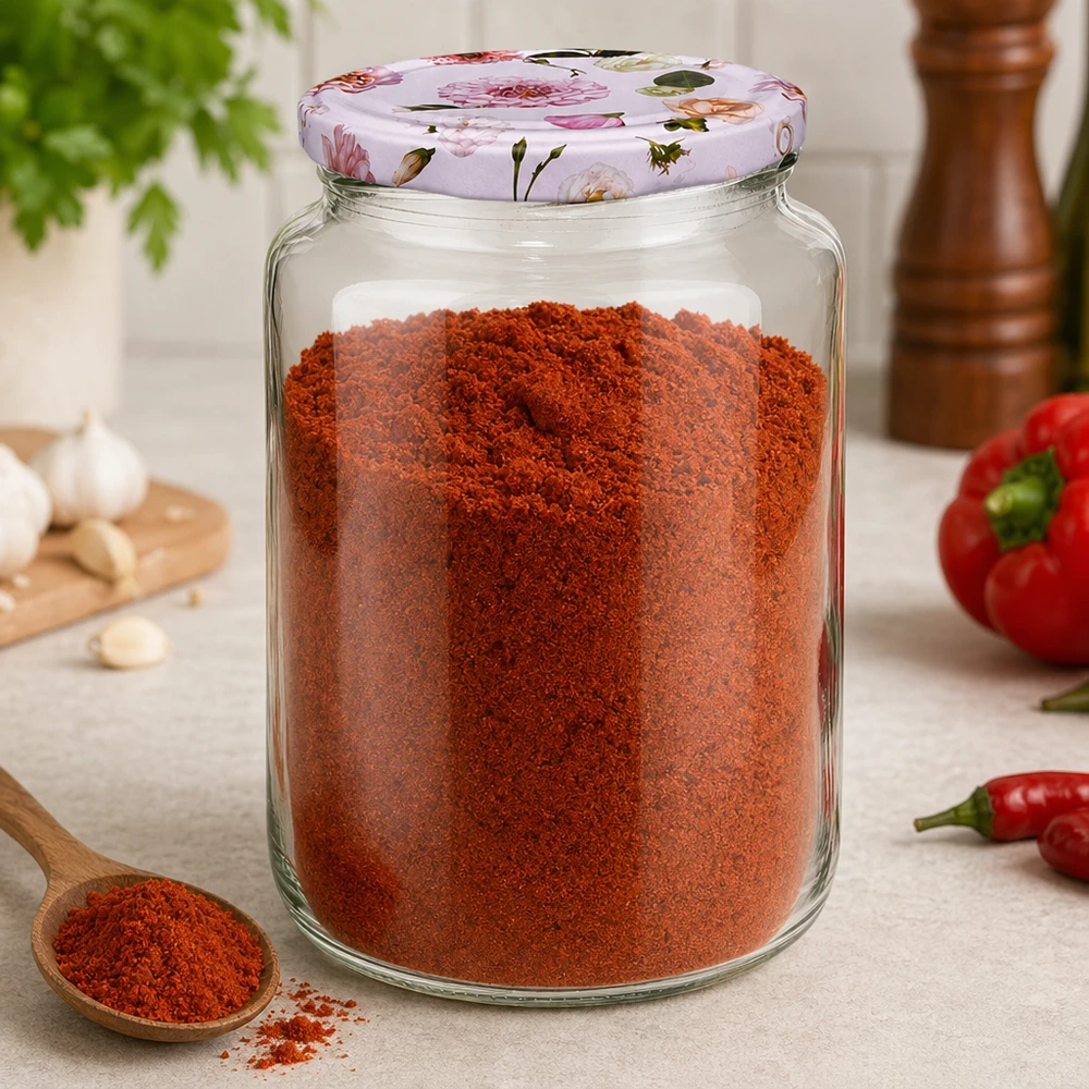 795ml ronde pot gevuld met rode paprikapoeder BasicSeal deksel roze bloemenpatroon kruiden voorraadpot keuken