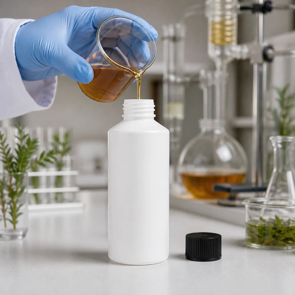 Witte, ondoorzichtige apothekersfles van HDPE, 100 ml, met zwarte dop, voor oliën en tincturen