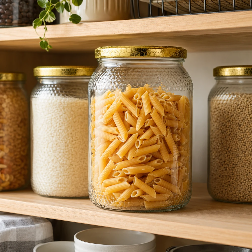 Honingpot 900ml met honingraatdeksel gebruikt voor het bewaren van pasta en ontbijtgranen in de keuken