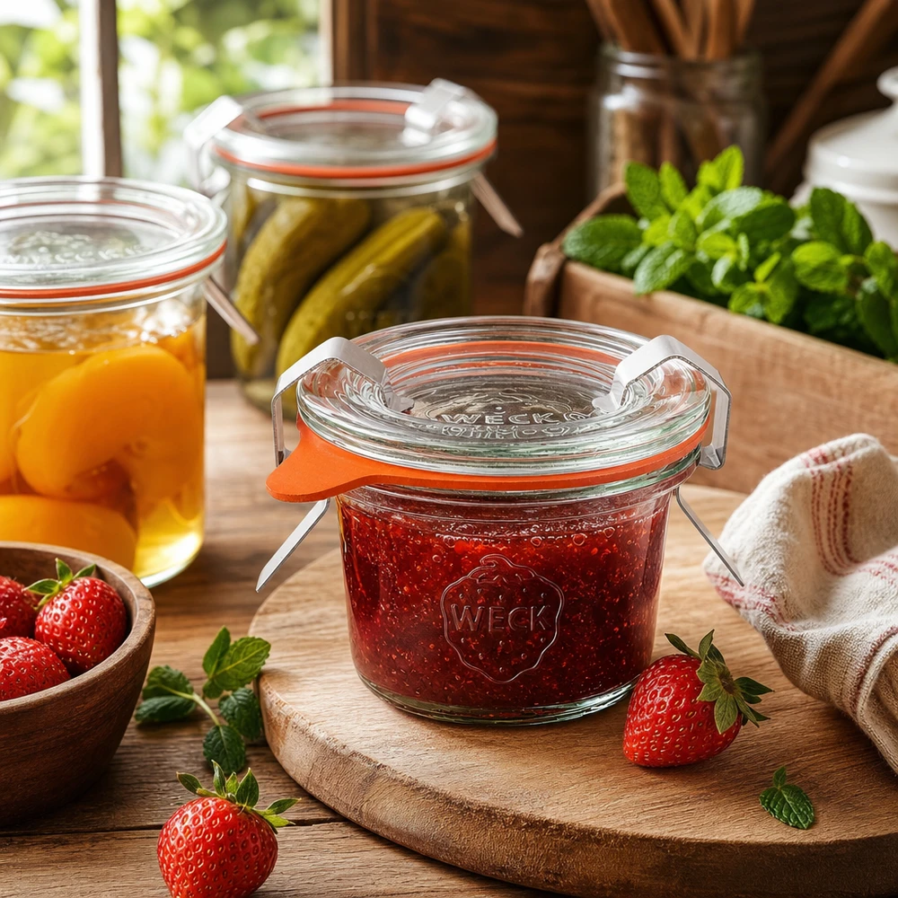 WECK 35ml RR40 potje in keuken gevuld met jam naast verse aardbeien en andere inmaakpotjes