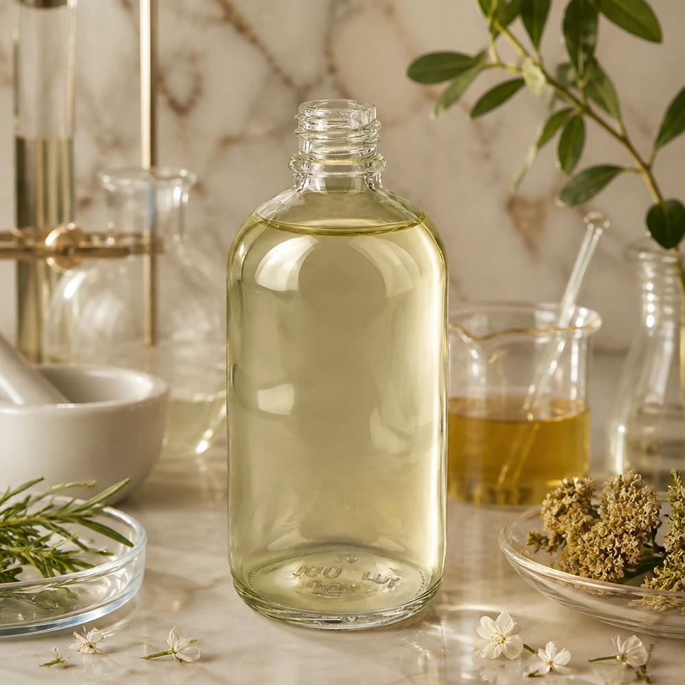 ClearLine-apotheekflesje van 100 ml met geelachtige olie, tussen kruiden en laboratoriumglaswerk op marmer
