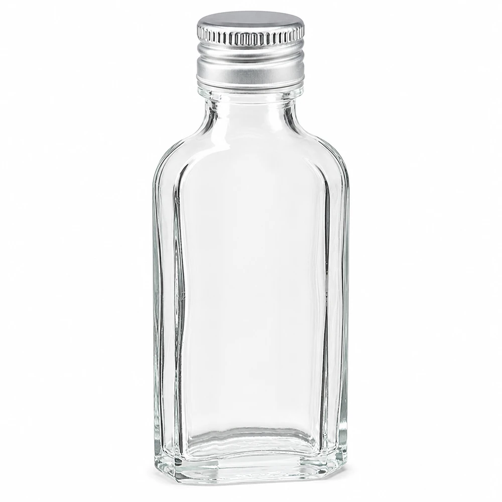 50 ml Meplat helder met aluminium dop zilver PP22 Miniatuurflesje 50 ml, Meplat, transparant, platte vorm, met zilverkleurige aluminium dop PP22