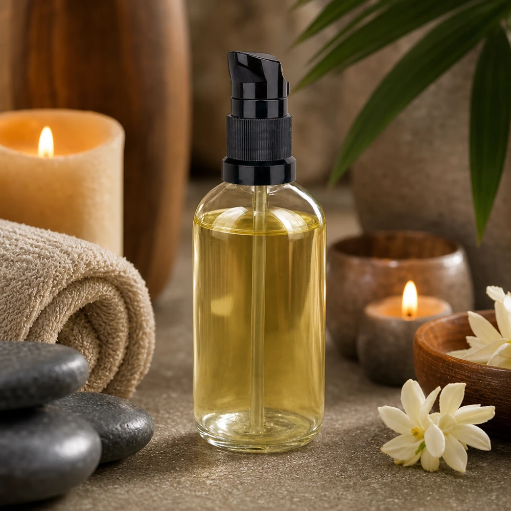 100ml pompflacon zwart STD ClearLine UT18/100 100 ml fles van helder glas met zwarte doseerpomp, lichtgele massageolie, spa-kaarsen, sfeer, wellness