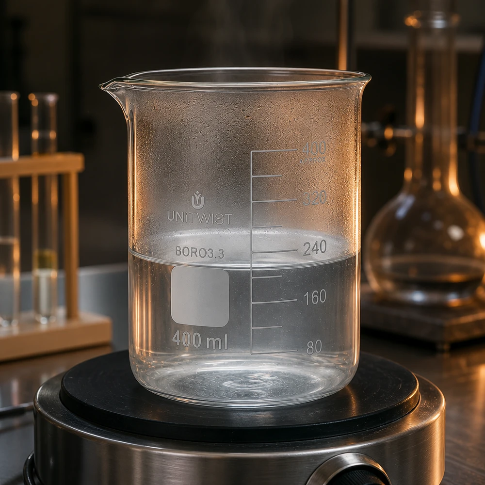 Bécher 400ml borosilicate, forme basse UNiTWIST Helder laboratoriumglas van 400 ml, laag model, met maatverdeling, op een professionele laboratoriumverwarmer met roerwerk