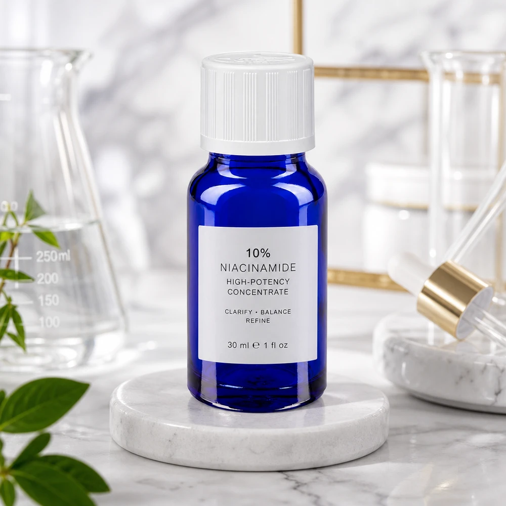 Blauwe glazen flessen 10ml met wit druppelstop KiSi St Lichtbestendige fles van blauw glas, 10 ml, met witte veiligheidsdop voor huidverzorgingsconcentraten