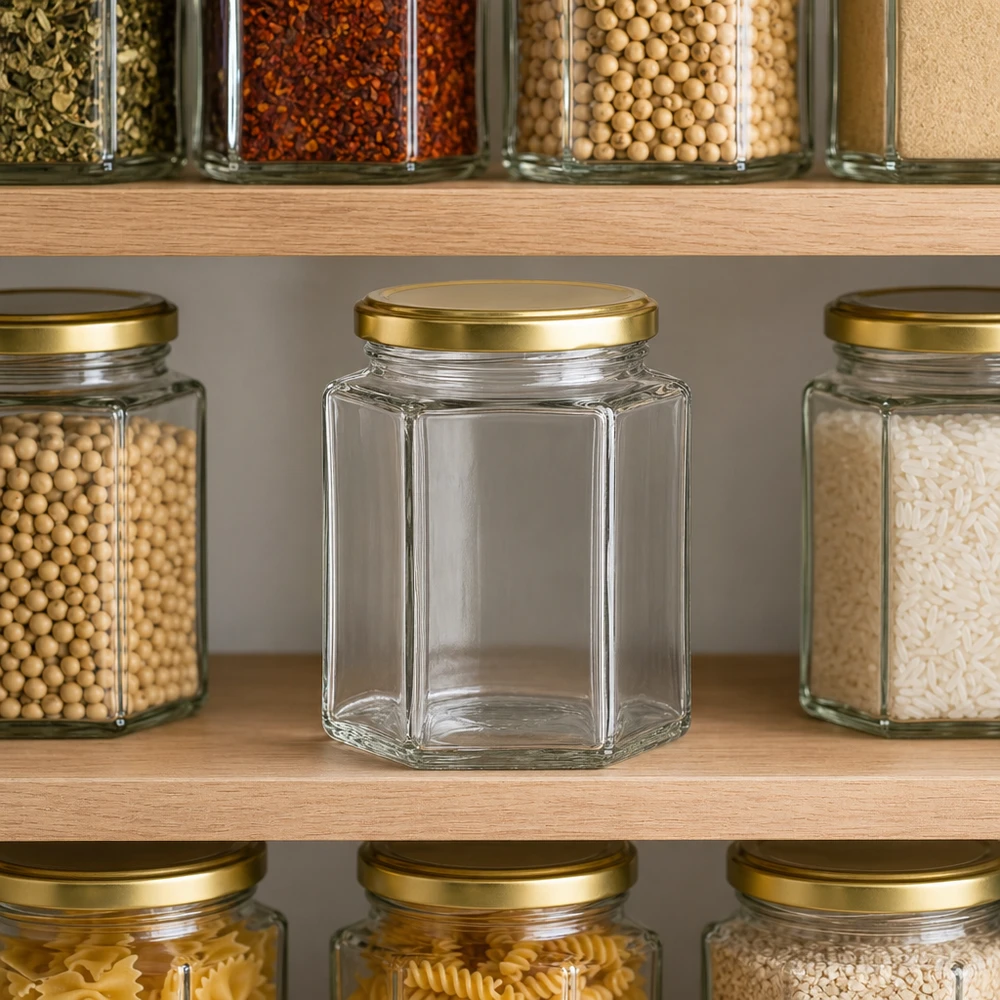 Honingpot 250 g met gouden deksel BasicSeal UNiTWIST 250g Honigglas hexagonal BasicSeal leer in organisierter Vorratsküche zwischen gefüllten Gläsern zeigt Ordnungssystem