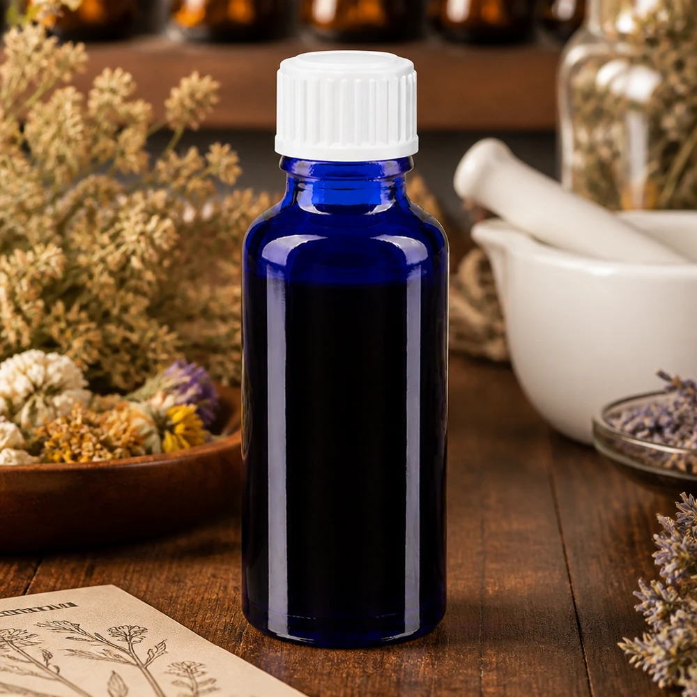 Blauwe glazen flessen 30ml met wit schroefsluiting globuli uitgietring St Kleine blauwe druppelfles van 30 ml, ApoGlas, met een opening van 3 mm, omringd door geurige gedroogde bloemen