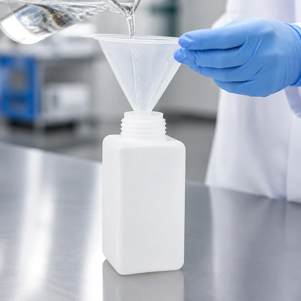 Chemicaliënfles 1500 ml, wijde hals Veilige vloeistofoverdracht met trechter in een robuuste PE-HD-fles met brede hals van 1500 ml voor laboratoriumgebruik