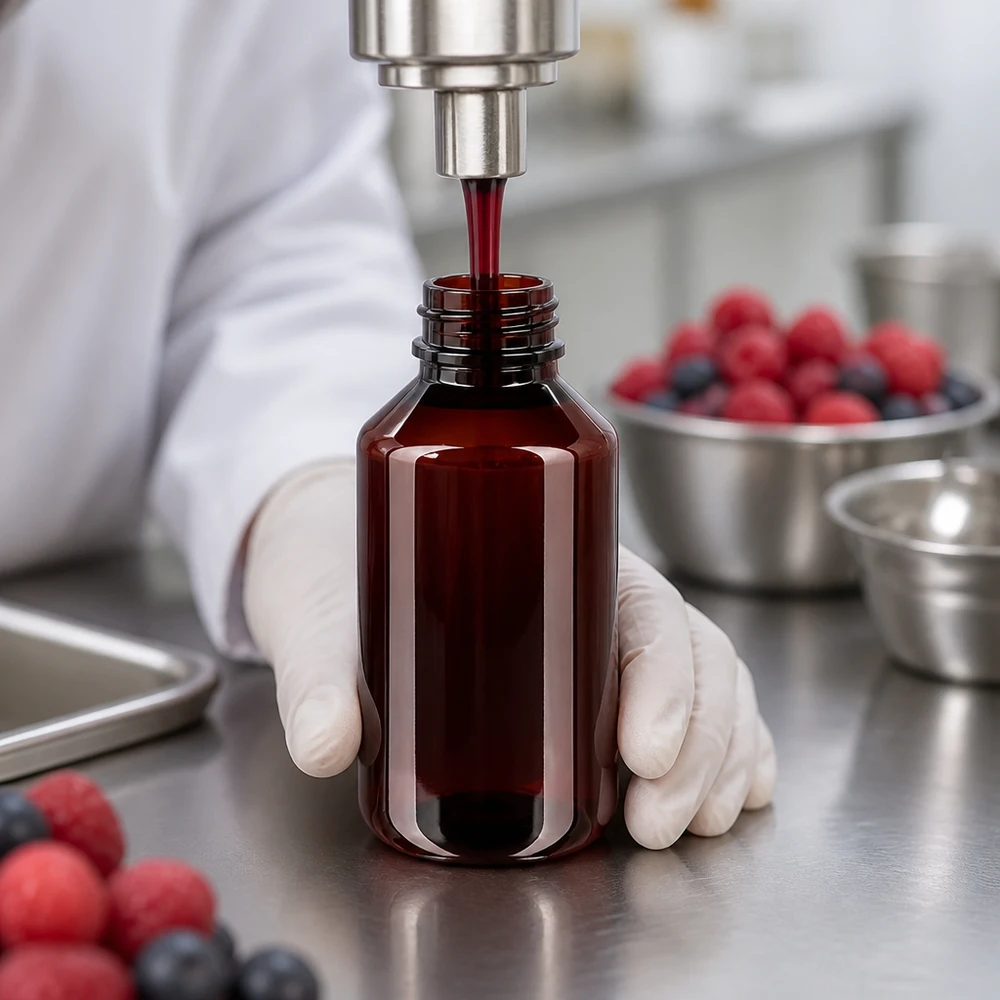 PET-fles 100ml met wit/rode dop OV Een voedingsmiddelentechnicus vult een PET-flesje van 100 ml met frambozen-bosbessenextract in een roestvrijstalen keuken