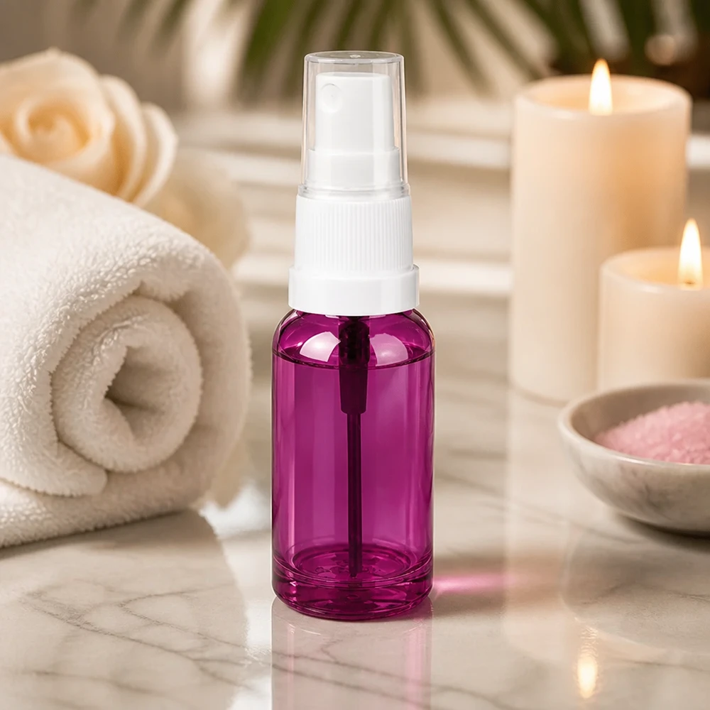 Paars glazen flesje van 20 ml met witte verstuiver, ideaal voor doe-het-zelfcosmetica en natuurlijke cosmetica