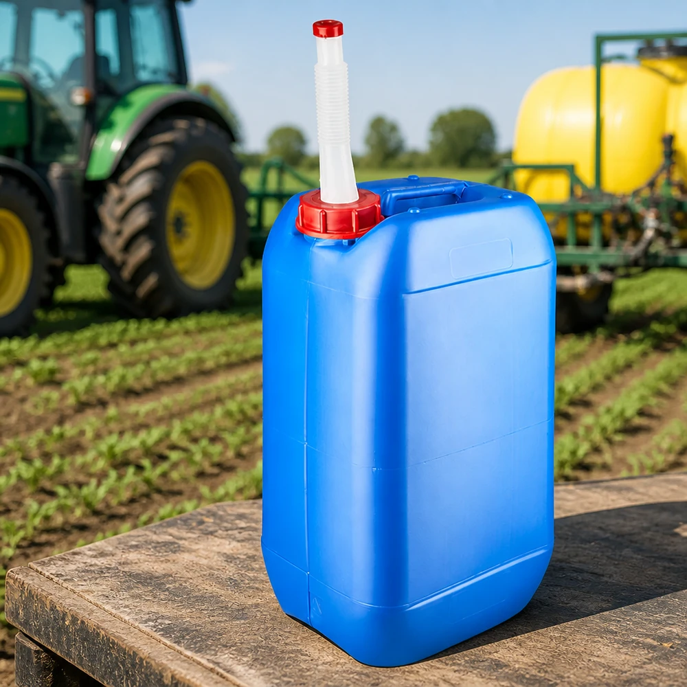 Canister 15 liter blauw met flexibele uitloop Draagbare vloeistofkan van 15 liter in blauw met flexibele uitloop voor landbouwbedrijven