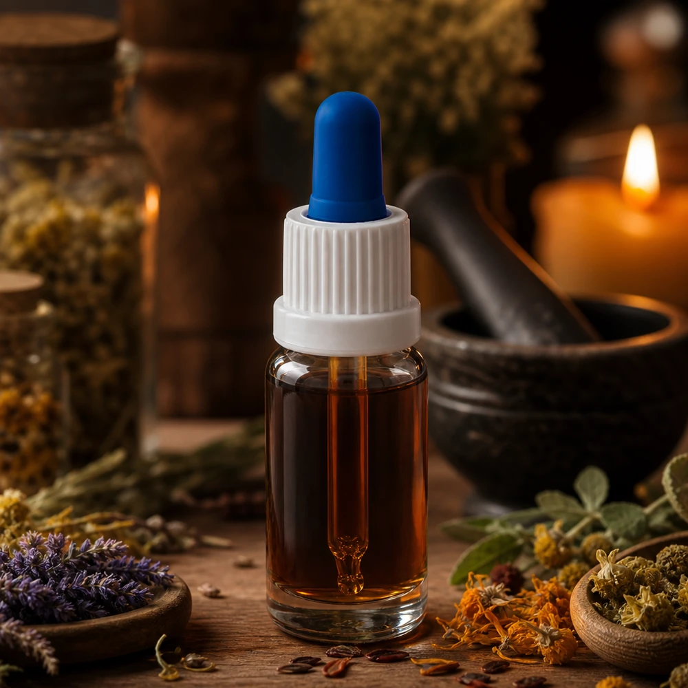10ml pipetfles wit/blauw OV ClearL. UT18/10 Aromatherapie-pipetflesje van 10 ml, helder glas, met kruiden, vijzel en kaars op de achtergrond