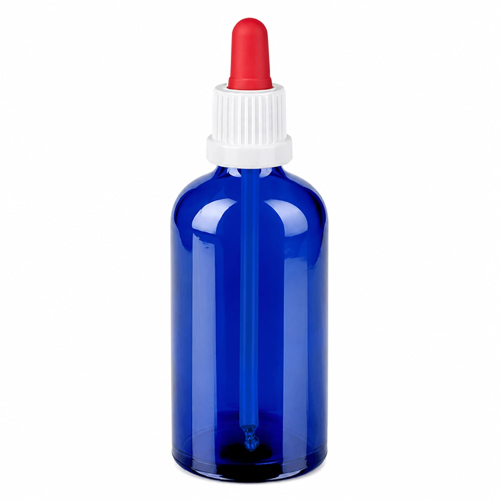 Professionele 100ml doseerfles van blauw glas met nauwkeurig pipetteersysteem