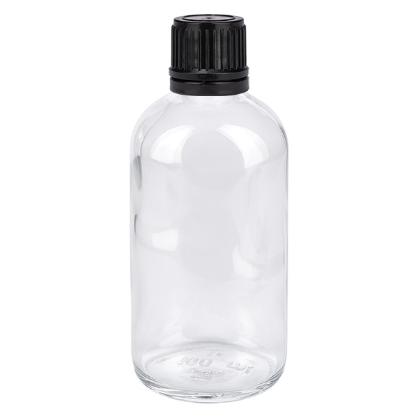 100ml (Globul)Flas. 3mm GR w. STD ClearL. UT18/100 Doorzichtige glazen fles van 100 ml met zwarte schroefdop voor homeopathische korrels en homeopathie
