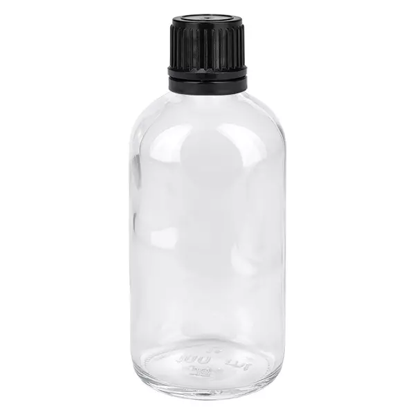 100ml (Globul)Flas. 3mm GR w. STD ClearL. UT18/100 Doorzichtige glazen fles van 100 ml met zwarte schroefdop voor homeopathische korrels en homeopathie