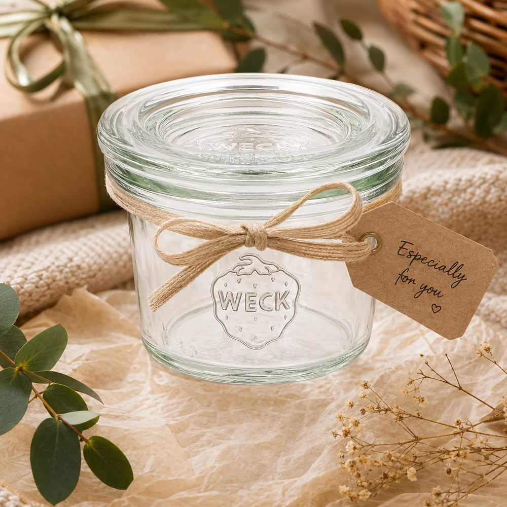35ml WECK RR40 bekers als geschenk versierd met een strik en label in een natuurlijke sfeer met planten