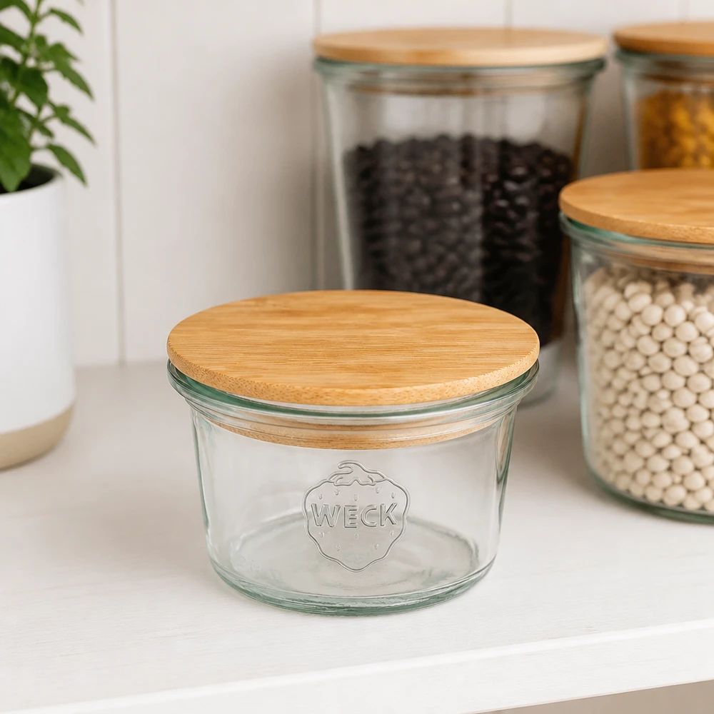 WECK-mini stortglas 35ml met hout deksel WECK mini mason jar 35ml RR40 met bamboe houten deksel in een moderne keuken naast voorraadpotten met bonen en linzen