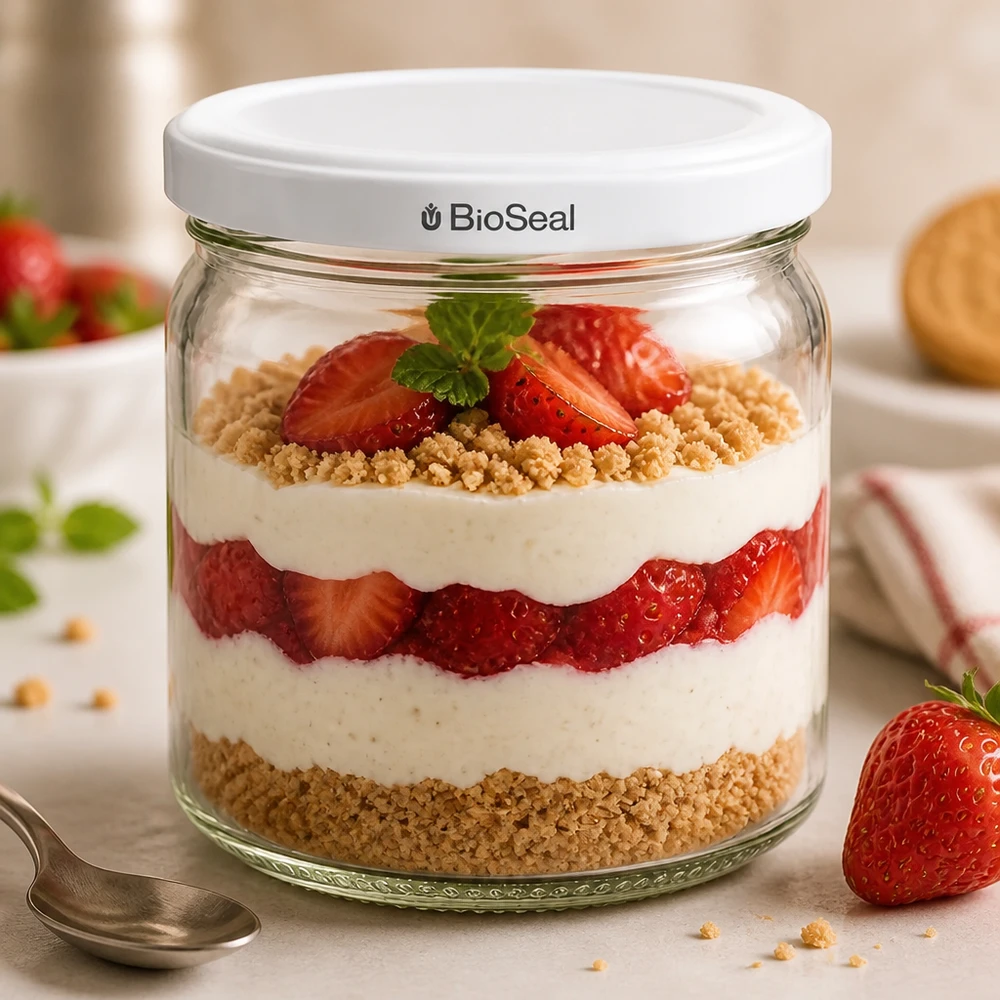 408ml rond glas met BioSeal deksel wit UNiTWIST UNiTWIST Runda408 als dessertpotje met aardbeien en slagroom - creatieve gelaagde desserts in een BioSeal voorraadpotje