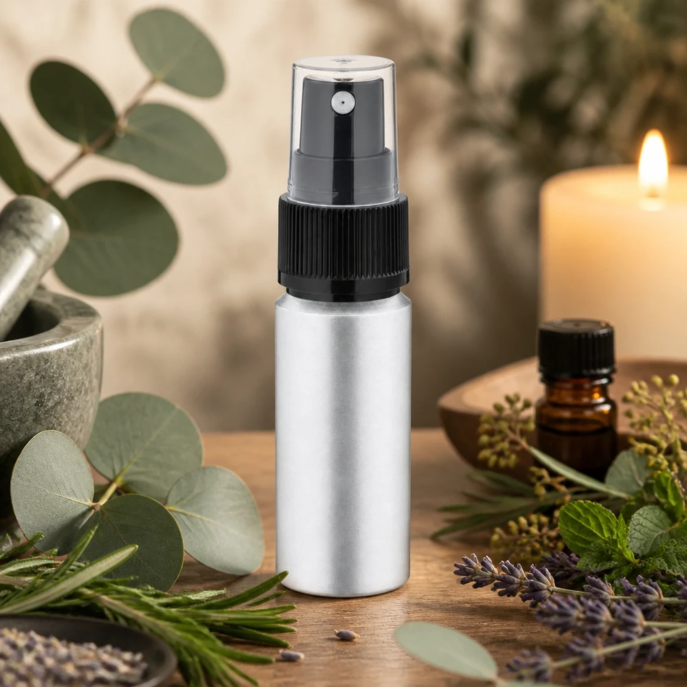 20 ml aluminium fles gebeitst incl. pompverstuiver zwart Robuuste aluminium spuitfles van 20 ml met transparante beschermdop voor veilig opbergen
