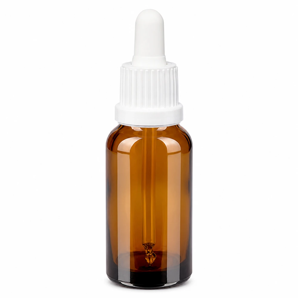 20ml pipetfles wit OV BrownLine UT18/20 Compacte pipetfles 20ml BrownLine - amberkleurig glas met wit druppelaar opzetstuk