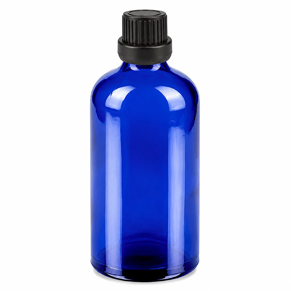 Blauw glazen flesje 100ml met zwarte druppeldop 2mm voor cosmetica en etherische oliën