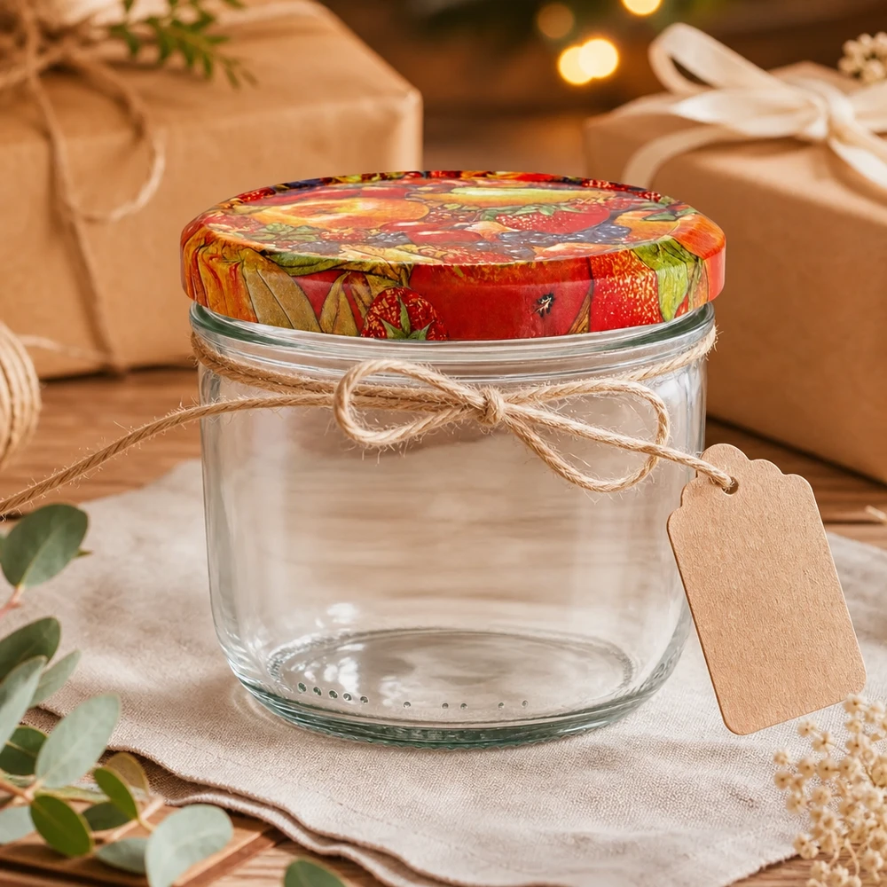 230ml bekers met BasicSeal fruitdecor deksel als geschenk versierd met strik en label