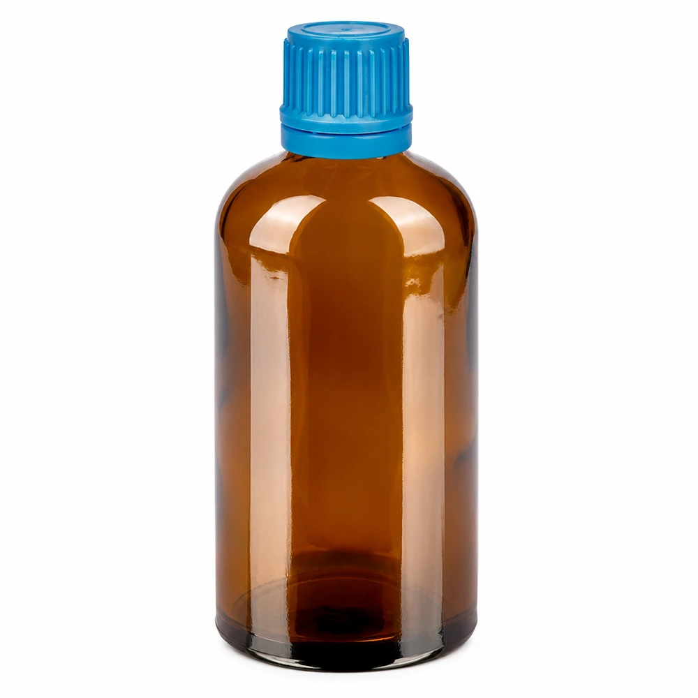 100ml flacon 11mm SV blauw OV BrownLine UT18/100 Hoogwaardige glazen fles van 100 ml in amber met blauwe verzegelstop SV