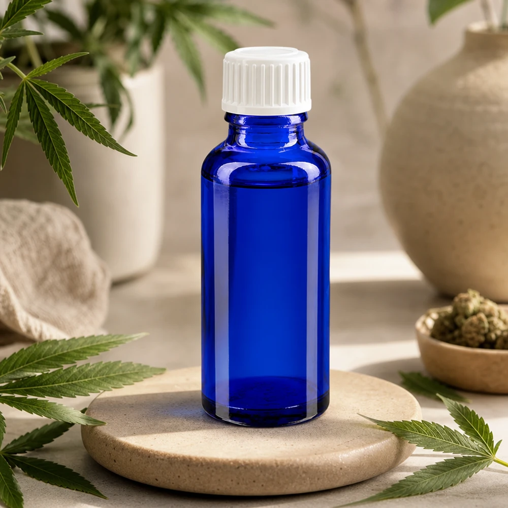 Geneesmiddelenflesje van 30 ml van blauw veiligheidsglas met een witte kindveilige sluiting met een inzetstuk van 3 mm