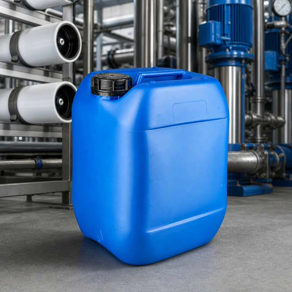 Compacte platte jerrycan van 10 liter, blauw, met OV-sluiting, ruimtebesparend voor industrie en bedrijfsleven