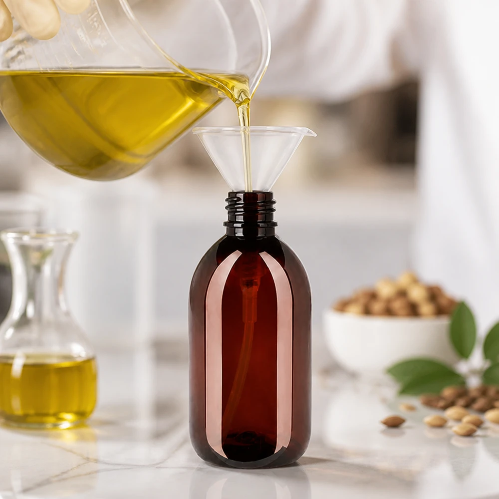 250 ml PET medicijnfles met wit dispenserpomp, standaard Umfüllen von Trägeröl in robuste 250ml PET Flasche bernsteinfarben mit weisser Dispenserpumpe