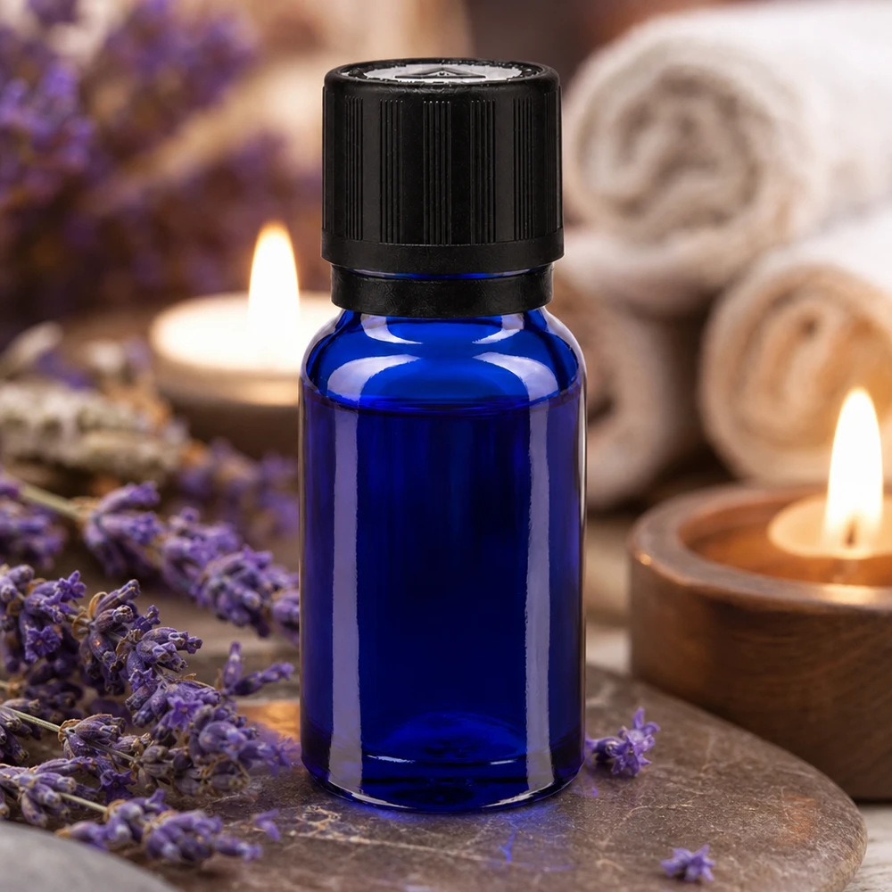 Blauw medicijnflesje van 10 ml met zwarte OV-sluiting en een nauwkeurig glazen druppelinzetstuk van 1 mm