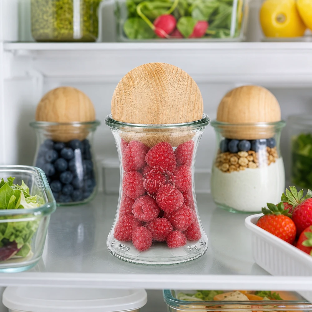 370ml delicatessenglas WECK RR80 met houten bal WECK pot 370ml RR80 houten bal beuken koelkast frambozen verse bessen voorraadpot