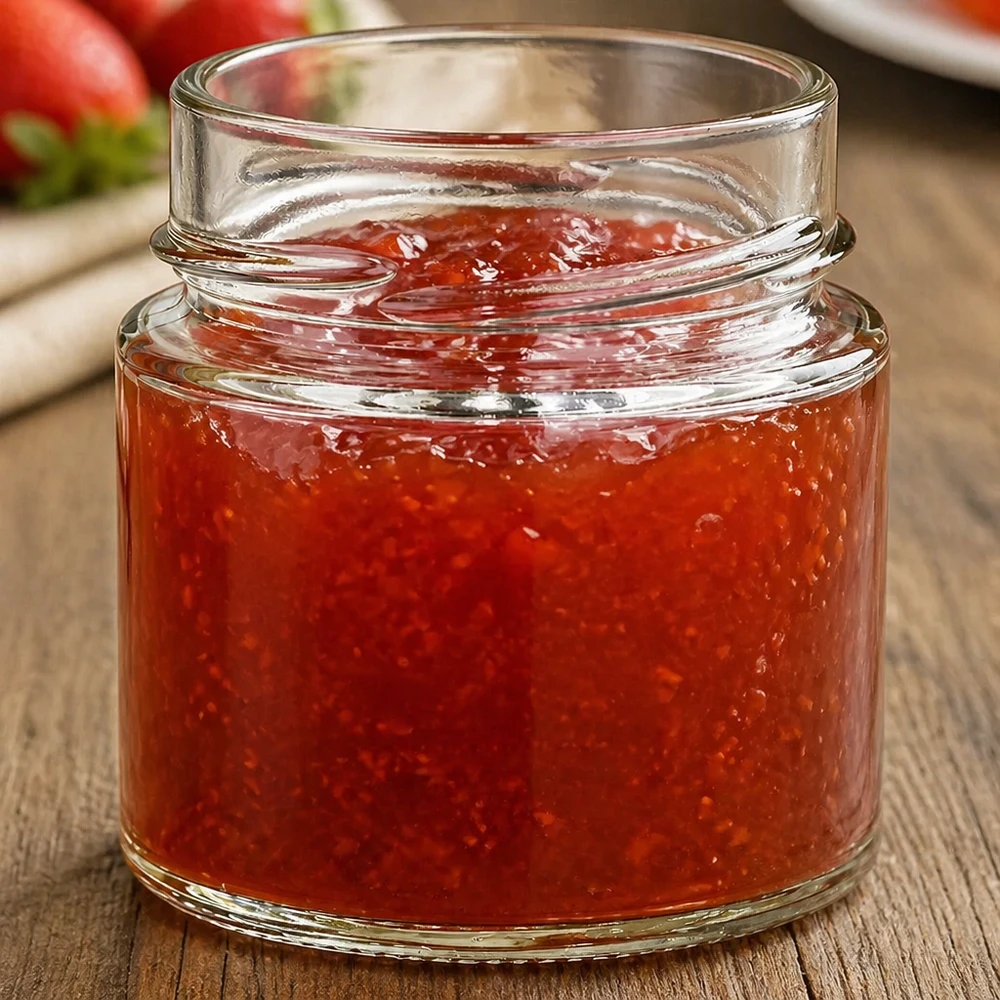 135ml rond glas zonder deksel (TO58deep) UNiTWIST Ronde pot 135ml gevuld met rode jam TO58 deksel inmaakpot jampot op houten tafel