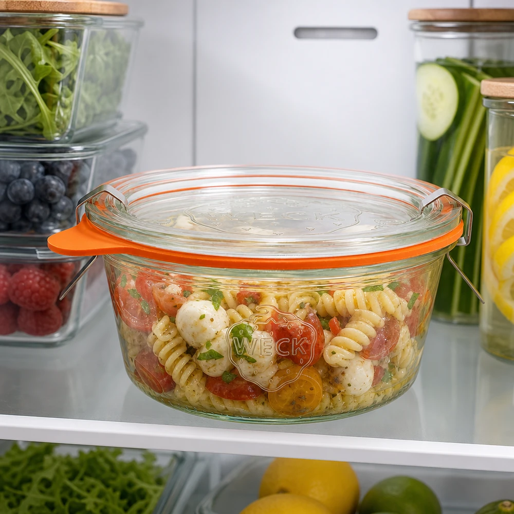 WECK bekers 290ml RR100 met pastasalade in de koelkast tonen praktische voedselopslag