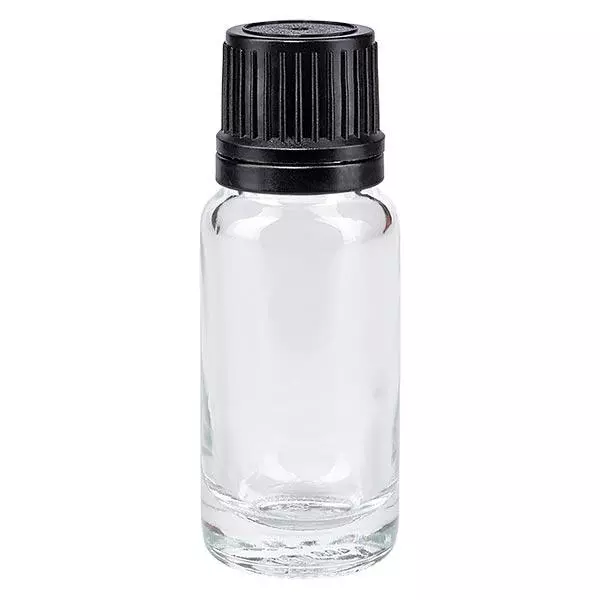 Helder glazen flessen 10ml met zwart druppelsluiting 1mm VR Helder glazen flessen 10ml met zwart druppelsluiting 1mm VR