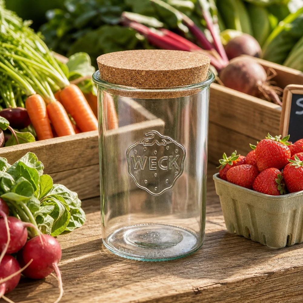 1000ml stortglas WECK RR100 met kurk WECK Sturzglas 1000ml RR100 mit Korken zwischen frischem Gemüse und Erdbeeren natürliche Küchenszene Vorratsglas