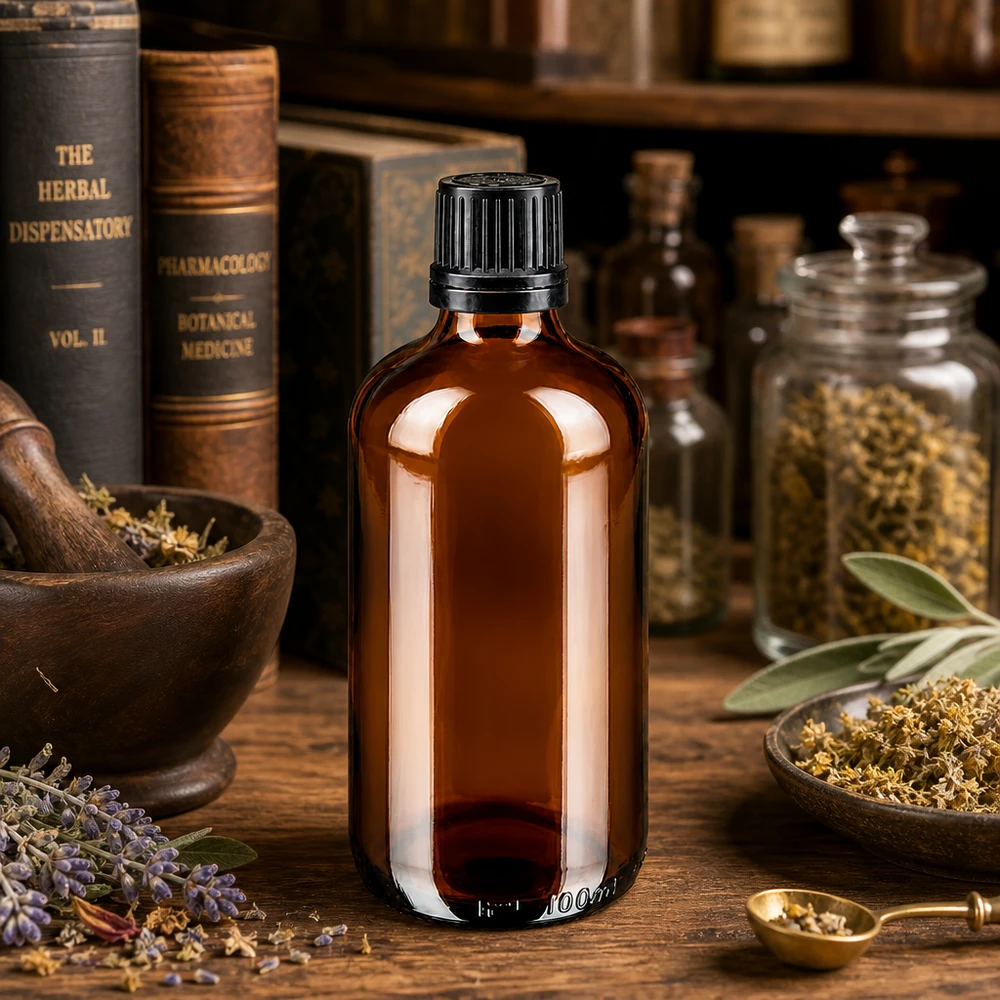 Lichtbeschermende fles van 100 ml, bruin glas met zwarte kindveilige sluiting, in apotheekstijl