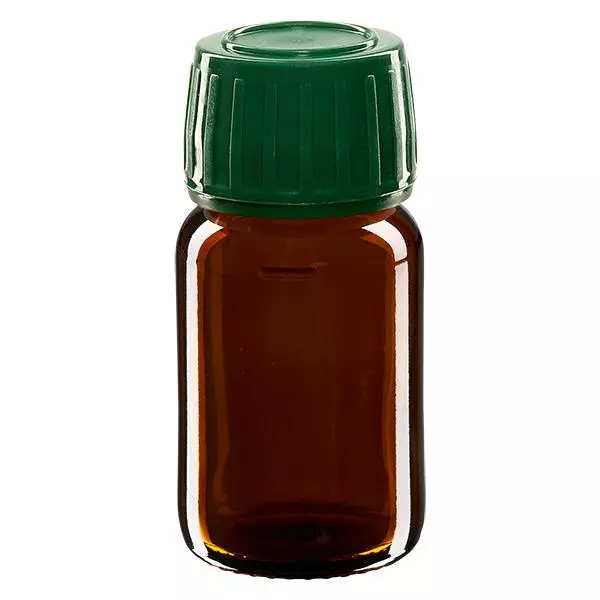 30ml Euro-medicijnfles bruin met groene schroefsluiting VR 30ml Euro-medicijnfles bruin met groene schroefsluiting VR
