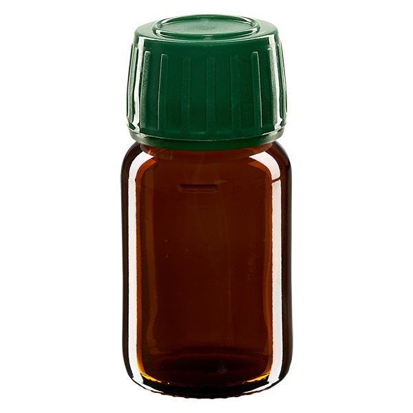 30ml Euro-medicijnfles bruin met groene schroefsluiting VR 30ml Euro-medicijnfles bruin met groene schroefsluiting VR