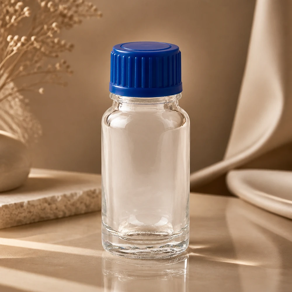 10 ml ClearLine UT18/10-serie glazen flesjes met blauwe standaarddop van 11 mm, zijaanzicht