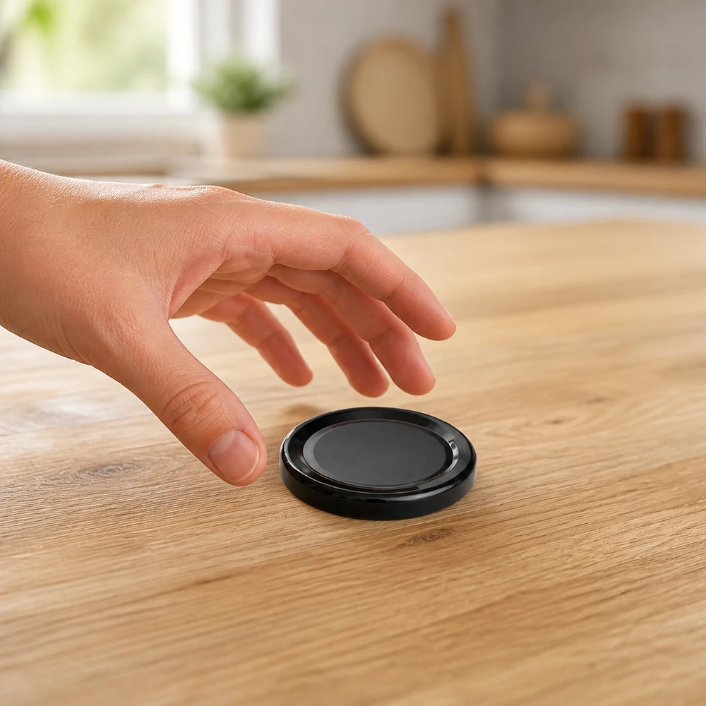 Compacte ronde BasicSeal-deksel van 66 mm, zwart, TO66deep UNiTWIST, wordt vastgepakt Houten tafel