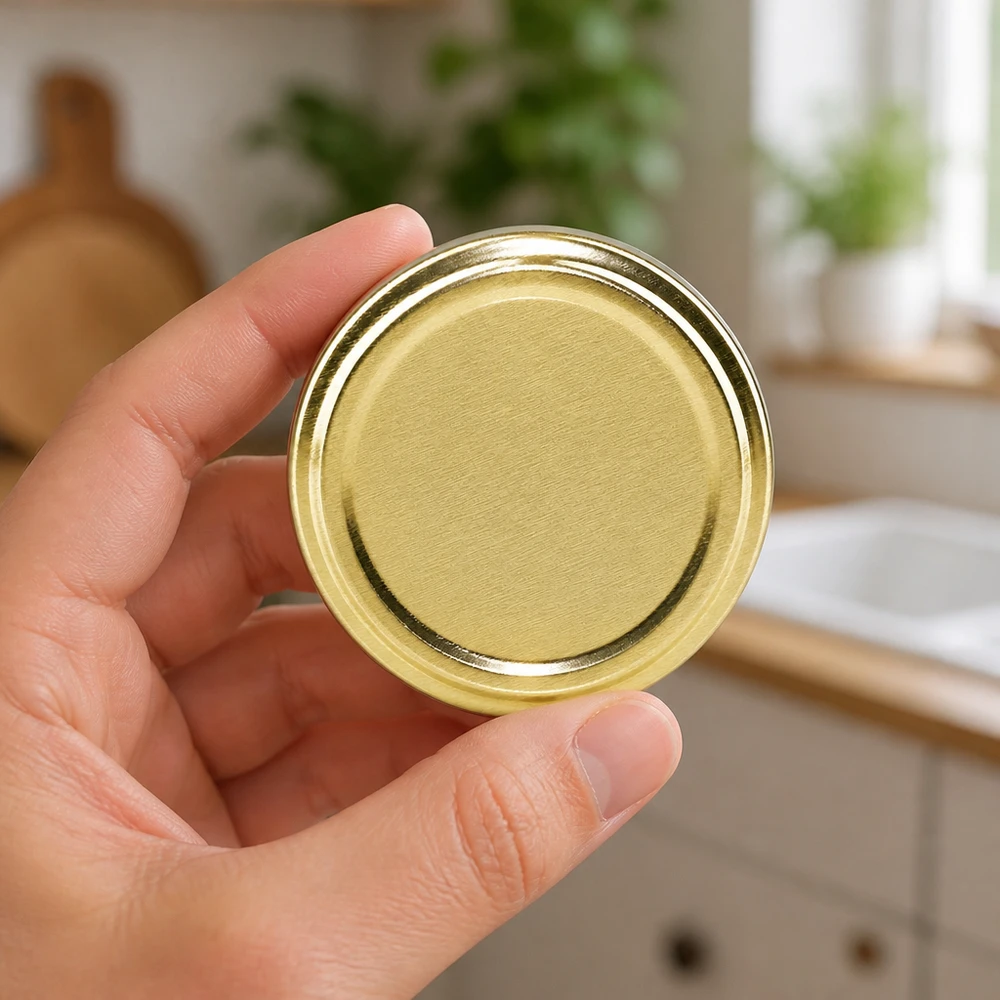 UNiTWIST TO43 goud, BioSeal, BPA-NI, unitemp Goudglanzend TO43-deksel, BPA-NI, BioSeal, unitemp, close-up van metalen deksel