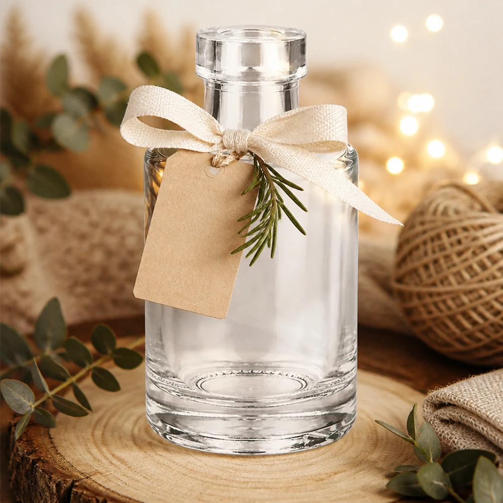 100ml glazen fles Marie decoratief met cadeau lint hanger en rozemarijn in een gezellige sfeer met fairy lights